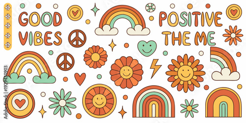 Colorful illustration displaying positive messages rainbows and floral elements