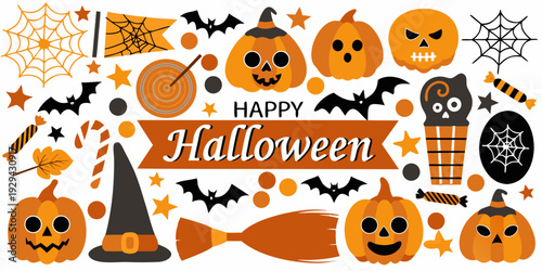 A colorful halloween illustration featuring pumpkins bats and other festive icons