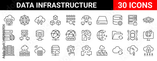 Data infrastructure line icons set focused on cloud computing, system performance, scalability and reliability. editable stroke, cloud services, dashboards