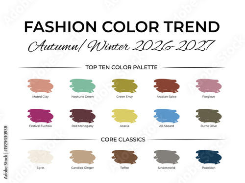 Fashion Color Trend Autumn - Winter 2026 - 2027. Trendy colors palette guide. Fabric swatches with color names. Easy to edit vector template for your creative designs.