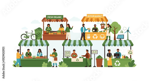Sustainable Community Market with Organic Food, Repair Services, and Eco-friendly Practices