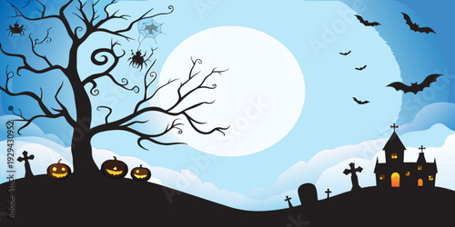 Spooky halloween scene featuring a haunted house bats and a full moon
