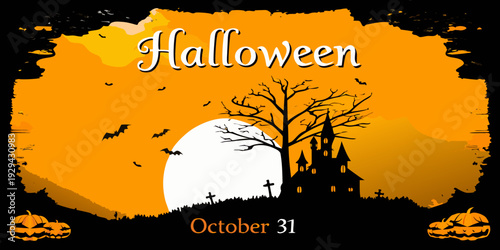 A spooky halloween illustration featuring a haunted house and full moon