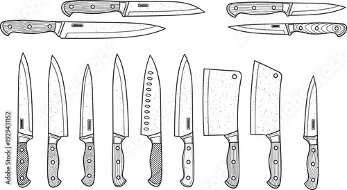 Kitchen knife collection vector illustration featuring chef knives, cleavers, and utility blades, professional cooking tools set isolated on white background for culinary design