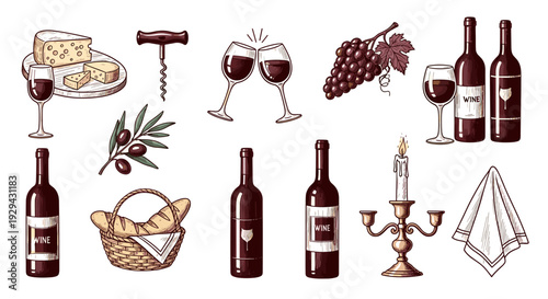 Elegant Wine and Dining Elements Collection for Celebrations Illustration