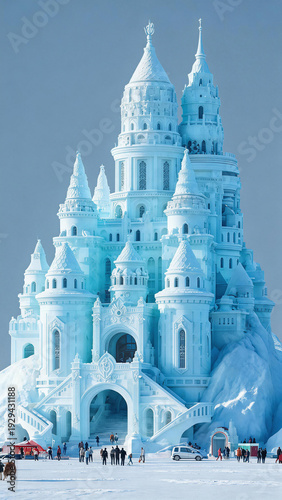Grand ice castle architectural structure built on snow and ice field