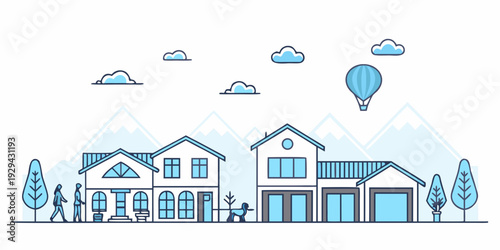 A simplified illustration depicts a town with mountains and a hot air balloon