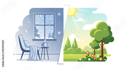 Seasonal Vacation Concept from Snowy Day Indoors to Bright Summer Seaside
