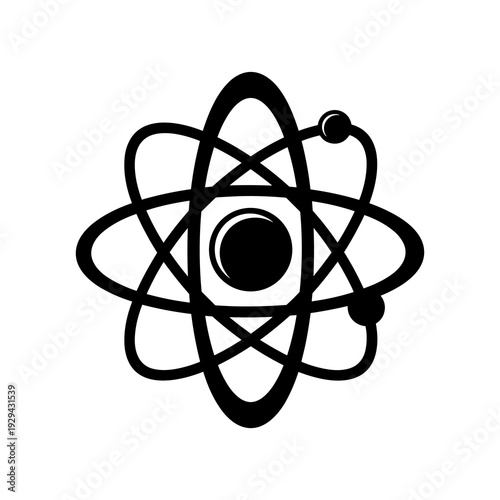 Black and White Atom Model Illustration Representing Scientific Experimentation, Research and Development, Demonstrating Chemistry and Physics Principles, Used in Education, Textbook Diagrams, and The