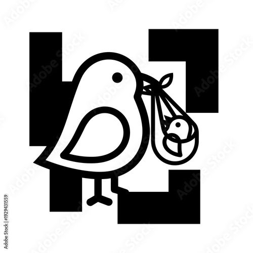 Stork Delivering Baby Illustration: Cute Bird Carrying Newborn in Swaddling Cloth, Whimsical Graphic for Pregnancy Announcement, Birth Announcement, Baby Shower Design, Nursery Decor, Vector, Minimali