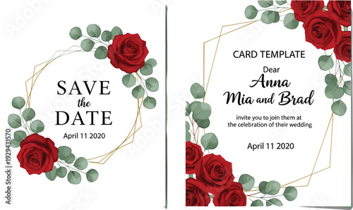 Romantic Save the Date Wedding Card with Red Roses and Eucalyptus, Elegant Invitation for Anna and Brad