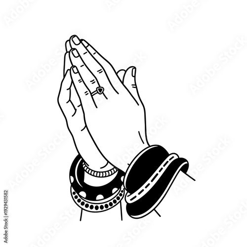 Praying Hands Illustration in Black and White: Traditional Tattoo Style Devotion, Spirituality and Hope. Symbolic Religious Icon with Jewelry & Bracelet, Christian Prayer, Seeking Guidance, Tattoo Art