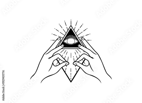 Eye of Providence Vector Illustration – All-Seeing Eye in Triangle with Mystical Hands and Sunburst Rays