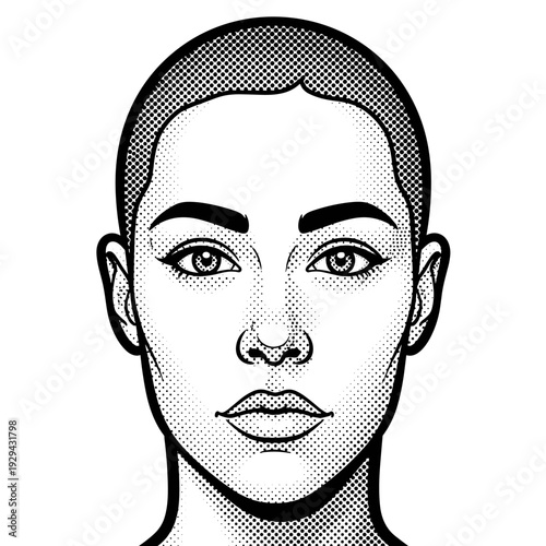 Confident Woman's Portrait in Pop-Art Style: Exploring Identity and Self-Expression Through Halftone Illustration on Clean Background, a Strong Female Character Showcasing Boldness, Femininity, Graphi