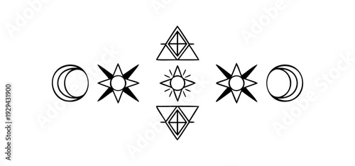Mystical Celestial Sun and Moon Vector Illustration with Alchemy Symbols and Sacred Geometry