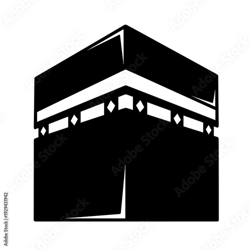 Kaaba Illustration Pilgrim Destination: Sacred Islamic Landmark for Spiritual Pilgrimage to Mecca Saudi Arabia, Representing Muslim Faith & Religious Travel in Minimalist Black and White Style Design,