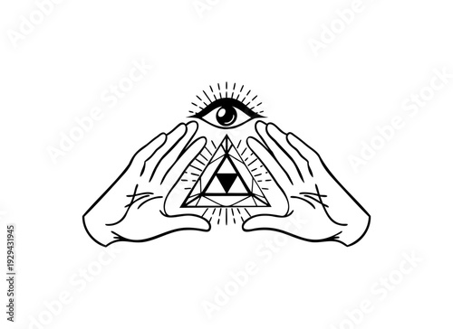 All-Seeing Eye of Providence Vector Illustration – Mystical Hands and Sacred Geometry Triangle Symbol