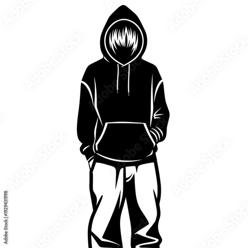 Mysterious Figure Silhouette Wearing Hoodie Standing in Urban Setting, Expressing Anonymity and Youth Culture, Embracing Street Style Fashion and Rebellion, Ideal for Graphic Design, Music Production,
