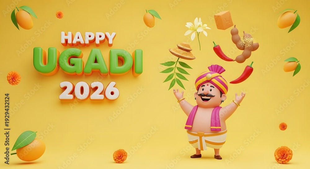 Fototapeta premium Happy ugadi 2026 celebration with traditional elements and cartoon character