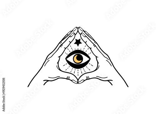Mystical All-Seeing Eye Vector with Sacred Geometry, Hands, and Celestial Symbols