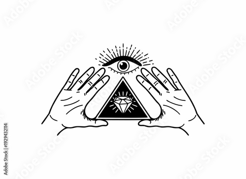 Mystic All-Seeing Eye and Diamond Pyramid with Human Hands Vector Illustration