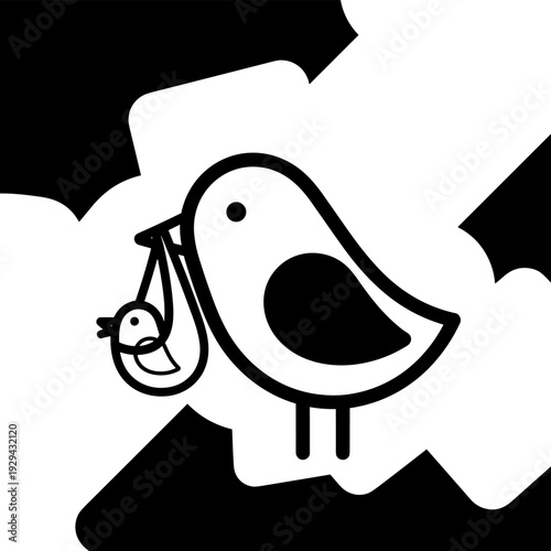 Stork Delivering Baby Chick Silhouette on Cloud Background: New Arrival Announcement Graphic for Nursery Decor, Newborn Celebration, Cartoon Style, Simple Vector Illustration, Motherhood Design, Moder