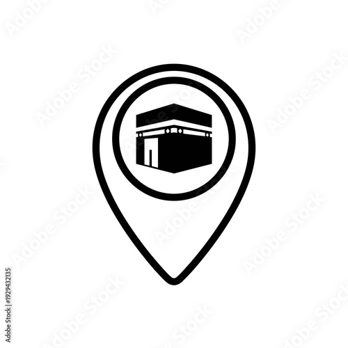 Kaaba Location Pin Icon for Islamic Pilgrimage Tourism: Guiding Hajj & Umrah, Representing Mecca, Saudi Arabia, in Map Symbol Design for Travel Apps and Religious Services, Black & White Vector Illust