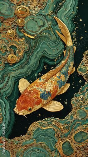 Artistic koi fish swimming in green malachite and golden marble water
