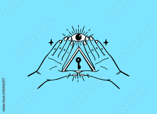 Mystical Esoteric Hand with All-Seeing Eye and Magic Key Vector Illustration