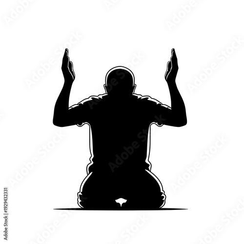 Silhouette of Man Kneeling in Prayer Reaching Upward in Spiritual Worship in a Minimalist Setting, Religious Symbol, Contemplation and Devotion, Offering Gratitude, Monochrome Graphic, Vector Illustra