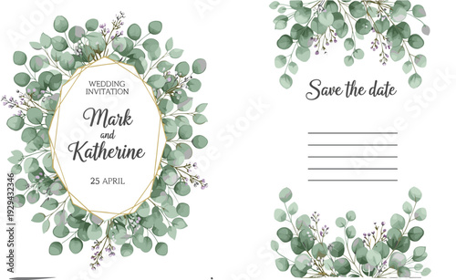 Elegant Wedding Invitation with Eucalyptus Wreath and Save the Date Card, Floral Design for Mark and Katherine