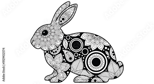 Rabbit zentangle illustration with intricate floral mandala patterns, black and white line art for coloring book design