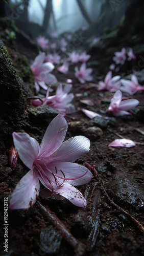 Path of fallen pink lilies on dark damp soil in a misty forest