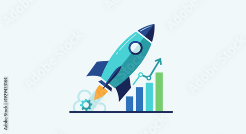 Cartoon rocket ship launching with growth chart and rising arrow illustration
