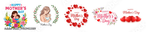 Collection of happy mother's day graphic designs with floral and heart elements.