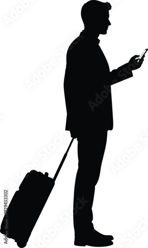 Business Traveler Standing with Suitcase Using Smartphone Silhouette Illustration Representing Airport Travel, Digital Communication and Modern Mobility