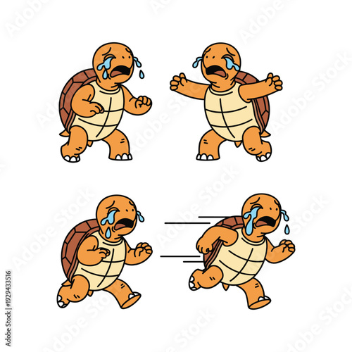 Crying cartoon turtle character in various emotional poses with tears