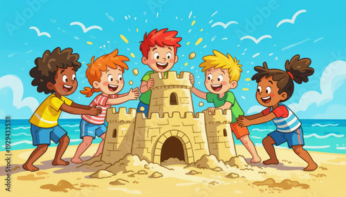 Diverse children building sandcastle together on beach