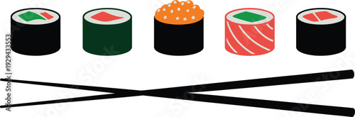 Japanese Sushi Roll Collection Featuring Salmon Maki Ikuta and Vegetable Sushi with Black Chopsticks for Restaurant Menu Design and Food Branding