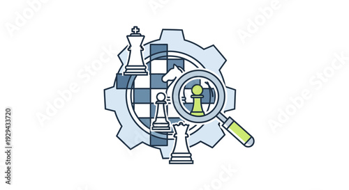 Chess pieces within a gear suggesting strategy and analysis