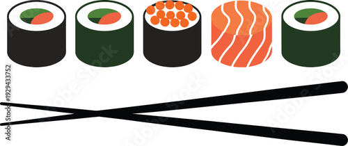 Japanese Sushi Roll Set Featuring Salmon Maki Ikuta and Vegetable Sushi with Black Chopsticks for Restaurant Menus and Food Branding