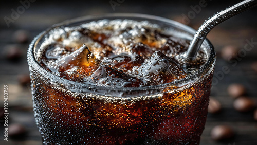 Close up of refreshing iced coffee with bubbles and condensation