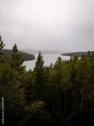 View from Sohlbergplassen over Atnsjøen Norway, Misty Mountains and Moody Weather, Atmospheric Landscape, Rainy and Foggy Conditions, Travel Photography