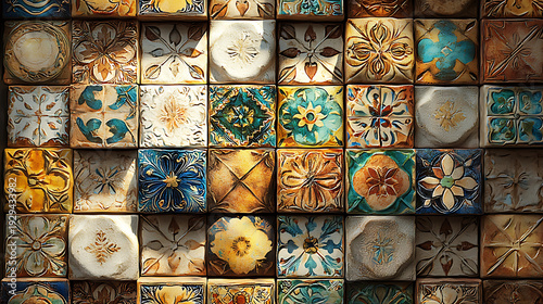 Assorted decorative tiles arranged in a grid pattern displaying various floral and geometric designs from different cultural influences