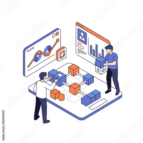 Isometric illustration of two men collaborating on a large smartphone, managing data blocks and analyzing charts. Digital business, blockchain, data analytics, and teamwork.