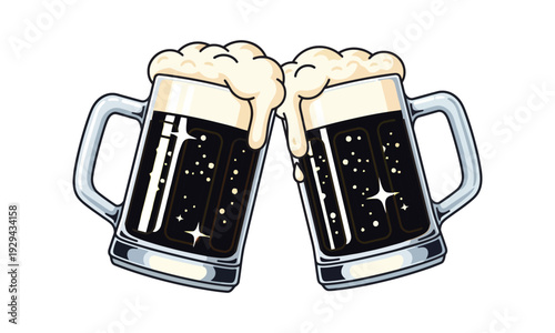 Dark Beer Mugs Clinking with Foamy Stout Overflowing, Cheers Celebration Vector Illustration