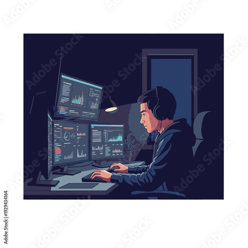 Young male software developer or data analyst working intently on multiple computer screens in a dark room, focused on coding and digital data.