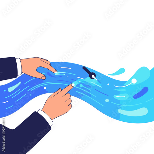 Business hands controlling the flow of time and progress, managing resources or data stream efficiently. Concept of workflow optimization and strategic guidance.