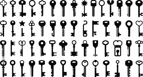 Black key silhouettes collection, vintage skeleton keys, modern house keys, ornate decorative keys, novelty shapes, security design inspiration illustration