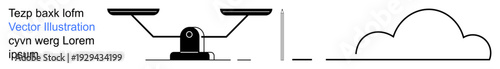 Justice system, decision making, equality, legal concepts, balance, weather forecasting. Minimalistic balance scale and cloud line art. Justice system and decision-making concept